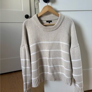 Quince Beige and White Striped Crew Neck Sweater